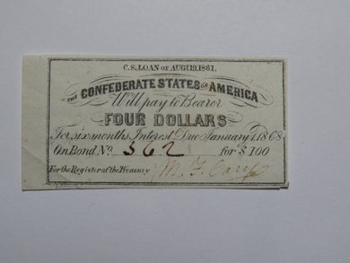 $4 1861 Confederate Bond Coupon Certificate Currency Bank Note Bill UNC