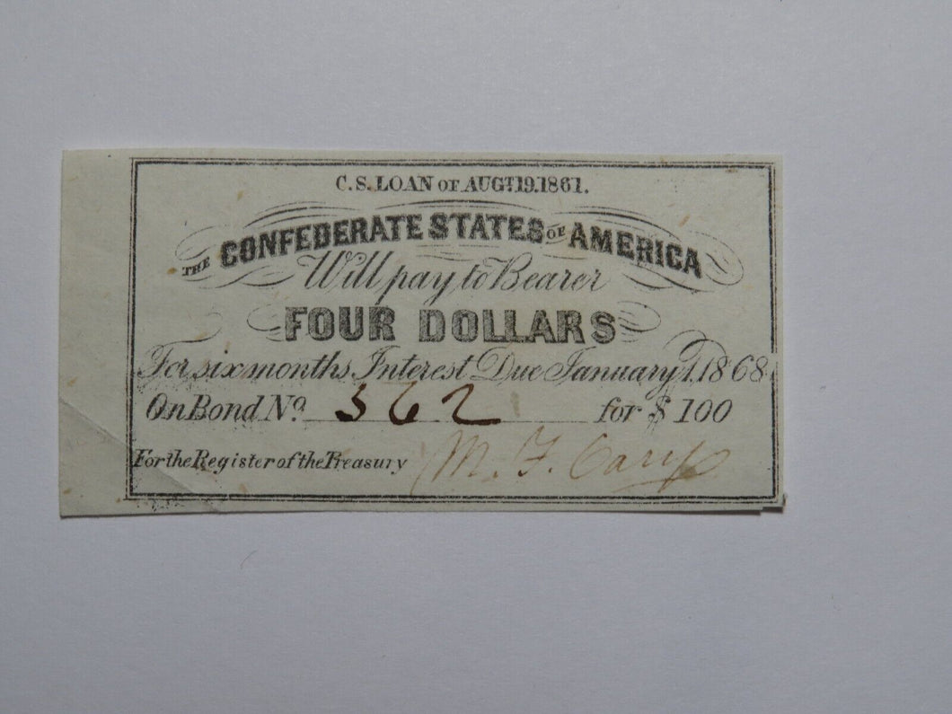 $4 1861 Confederate Bond Coupon Certificate Currency Bank Note Bill UNC