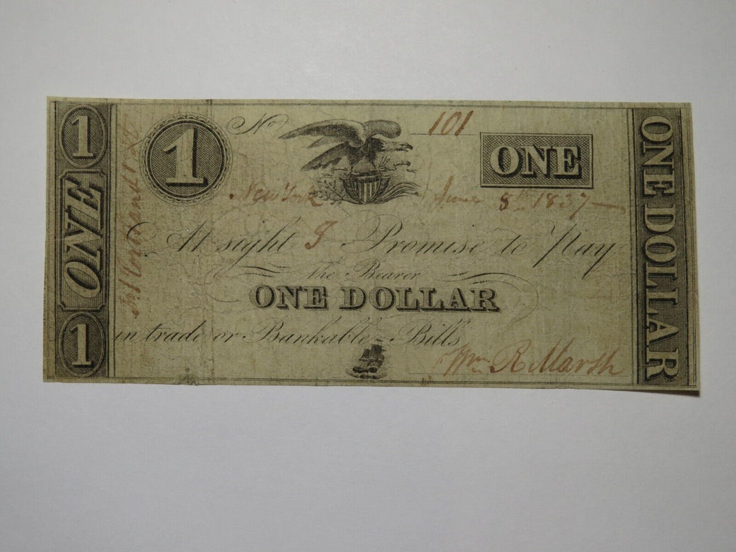 $1 1837 New York NY Obsolete Currency Bank Note Bill William R Marsh Harris H687