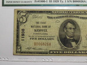 $5 1929 Koppel Pennsylvania National Currency Bank Note Bill Ch. #11938 VF20 PMG