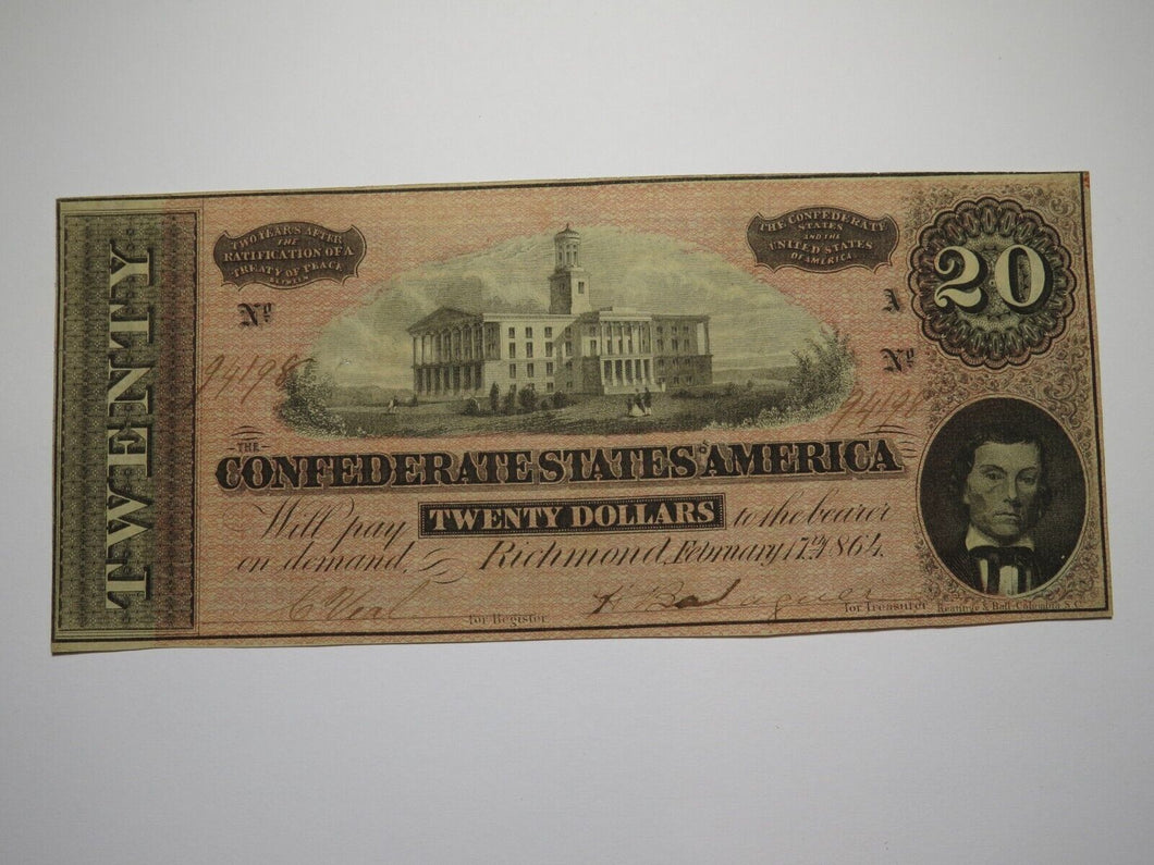 $20 1864 Richmond Virginia VA Confederate Currency Bank Note Bill RARE T67 VF+