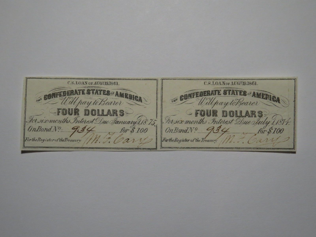 $4 1861 Confederate Bond Coupon Certificate Uncut Sheet Currency Bank Note Bill
