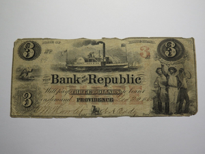 $3 1853 Providence Rhode Island RI Obsolete Currency Bank Note Bill Republic