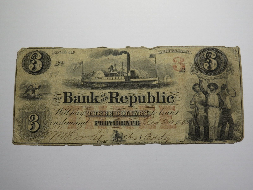 $3 1853 Providence Rhode Island RI Obsolete Currency Bank Note Bill Republic