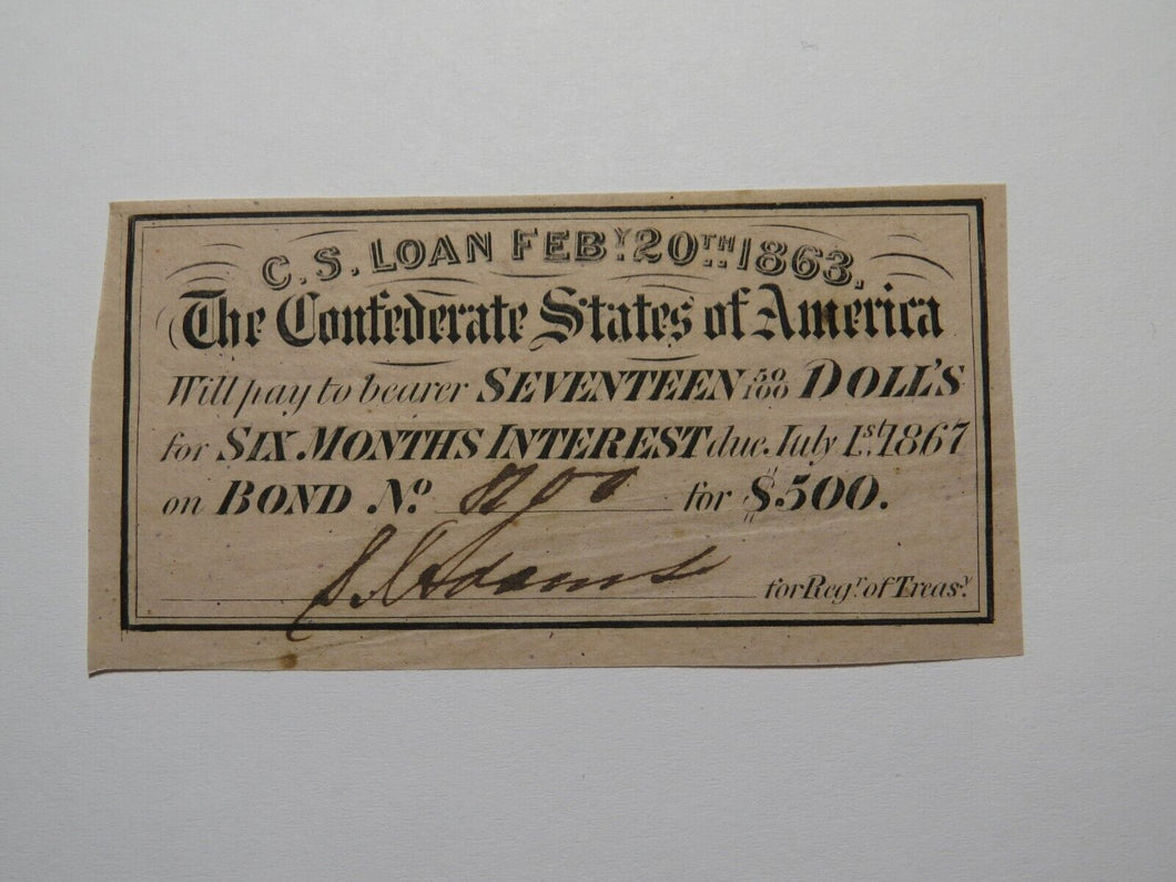 $17.50 1863 Confederate Bond Coupon Certificate Currency Bank Note Bill UNC