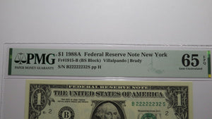 $1 1988 Near Solid Serial Number Federal Reserve Bank Note Bill UNC65 #22222232