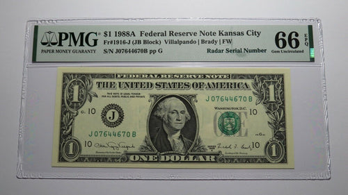 $1 1988A Radar Serial Number Federal Reserve Currency Bank Note Bill PMG UNC66