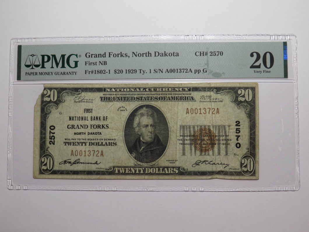 $20 1929 Grand Forks North Dakota National Currency Bank Note Bill Ch #2570 VF20