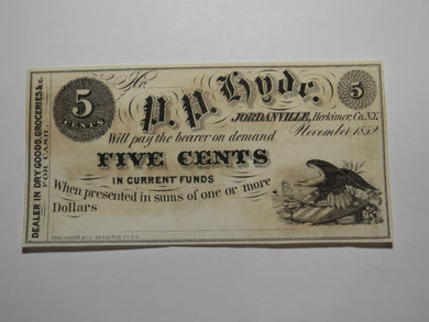 $.05 1852 Jordanville New York Obsolete Currency Bank Note Bill P.P. Hyde UNC+++