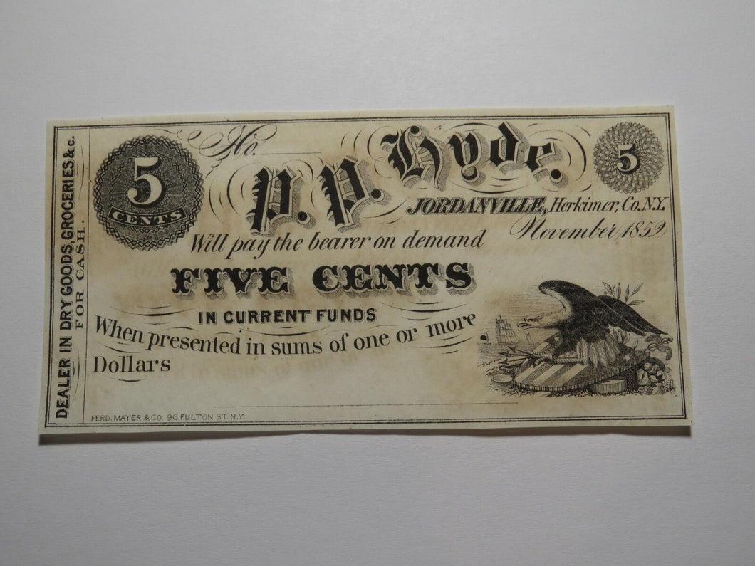 $.05 1852 Jordanville New York Obsolete Currency Bank Note Bill P.P. Hyde UNC+++