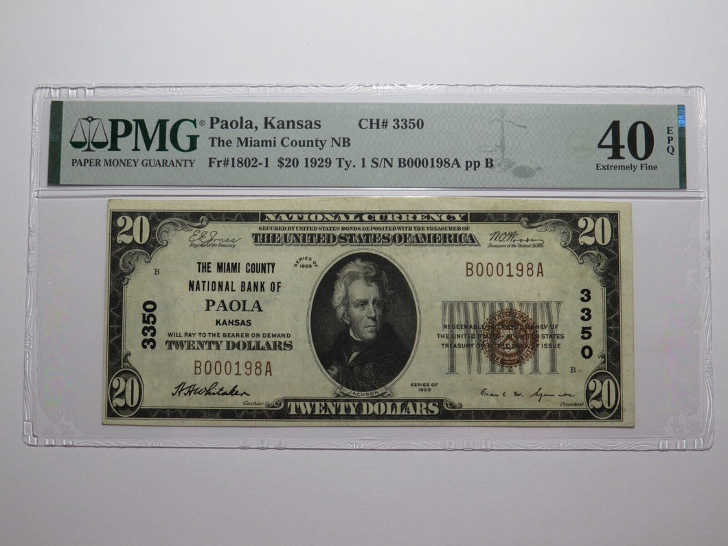 $20 1929 Paola Kansas KS National Currency Bank Note Bill Ch. #3350 XF40 PMG