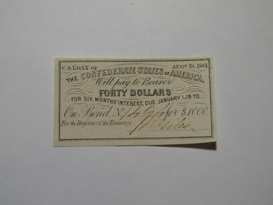 $40 1861 Confederate Bond Coupon Certificate Currency Bank Note Bill UNC