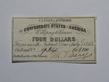 Load image into Gallery viewer, $4 1861 Confederate Bond Coupon Certificate Currency Bank Note Bill UNC