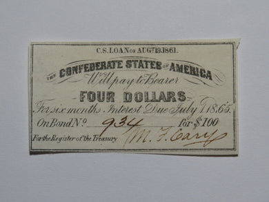 $4 1861 Confederate Bond Coupon Certificate Currency Bank Note Bill UNC