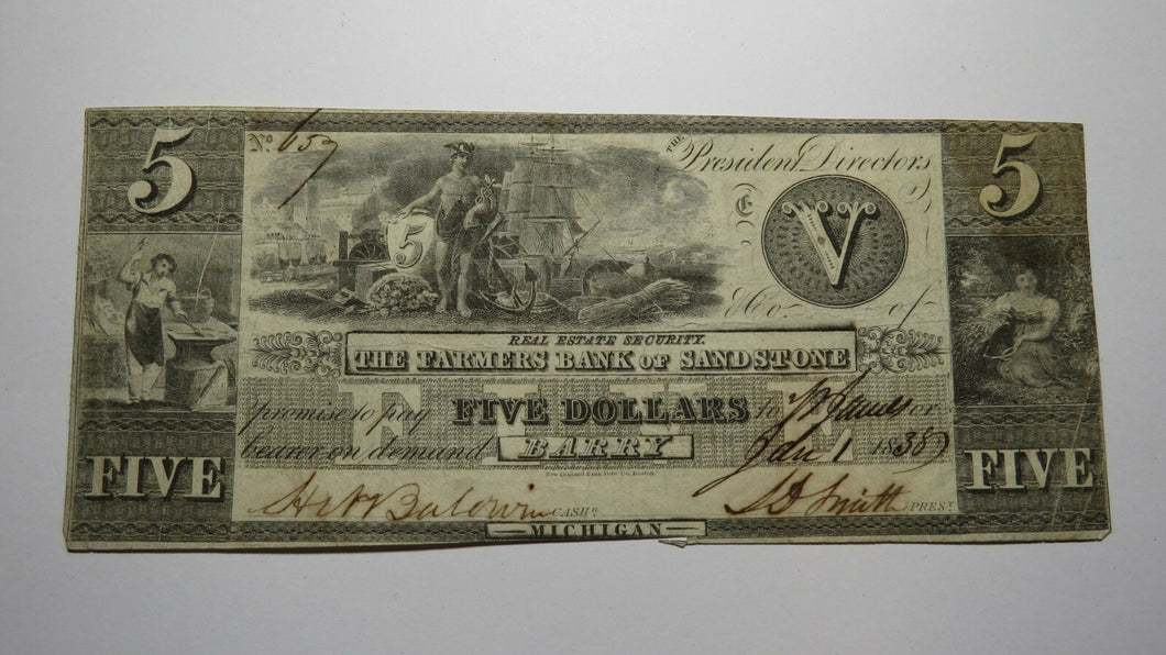 $5 1838 Barry Michigan MI Obsolete Currency Bank Note Bill! Sandstone Bank