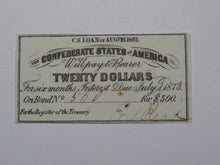 Load image into Gallery viewer, $20 1861 Confederate Bond Coupon Certificate Currency Bank Note Bill UNC