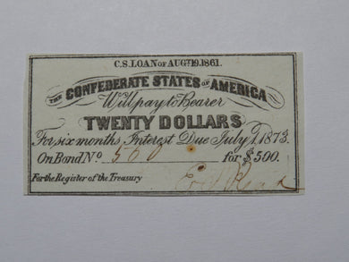 $20 1861 Confederate Bond Coupon Certificate Currency Bank Note Bill UNC