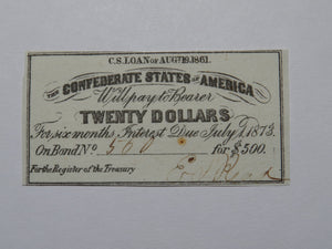 $20 1861 Confederate Bond Coupon Certificate Currency Bank Note Bill UNC