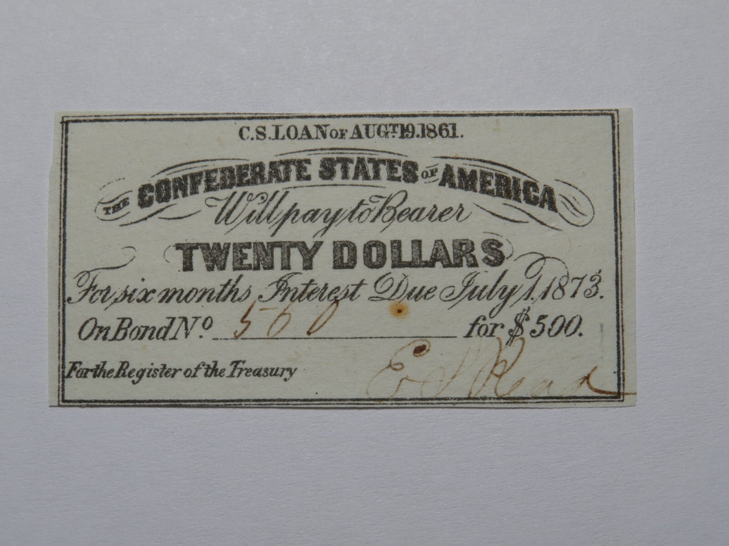 $20 1861 Confederate Bond Coupon Certificate Currency Bank Note Bill UNC