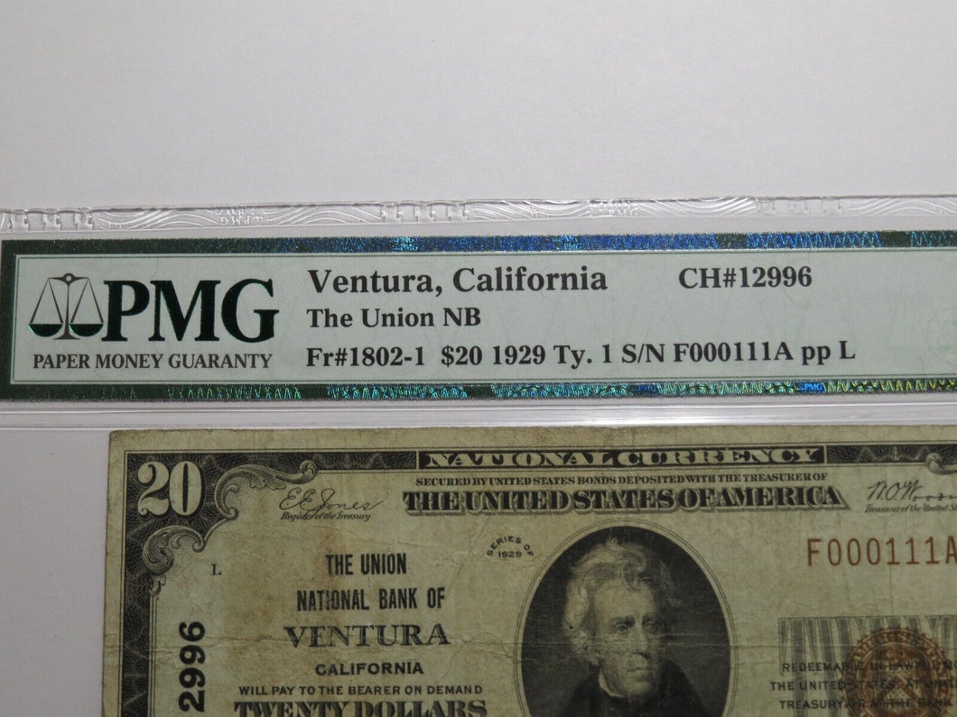 $20 1929 Ventura California National Currency Bank Note Bill 12996 Binary Serial