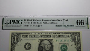 $1 1995 Radar Serial Number Federal Reserve Currency Bank Note Bill PMG UNC66EPQ