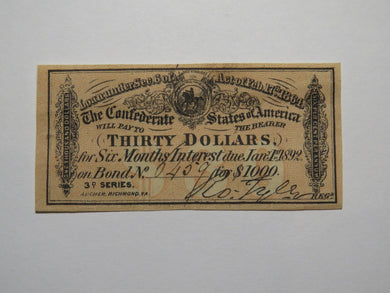 $30 1864 Confederate Bond Coupon Certificate Currency Bank Note Bill AU