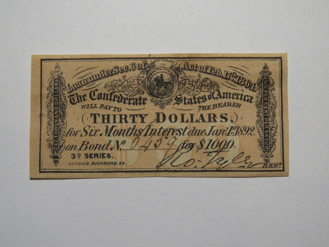 $30 1864 Confederate Bond Coupon Certificate Currency Bank Note Bill AU