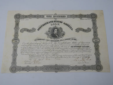 $100 1862 Confederate Bond Certificate Currency Bank Note Bill UNC 14