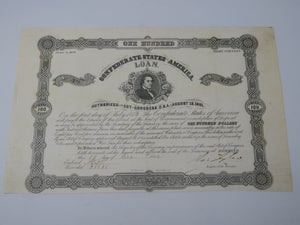 $100 1862 Confederate Bond Certificate Currency Bank Note Bill UNC 14" X 9" USA
