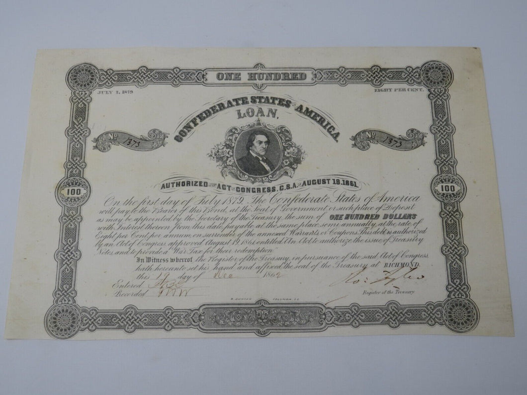 $100 1862 Confederate Bond Certificate Currency Bank Note Bill UNC 14