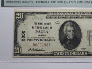 $20 1929 Paola Kansas KS National Currency Bank Note Bill Ch. #3350 XF40 PMG