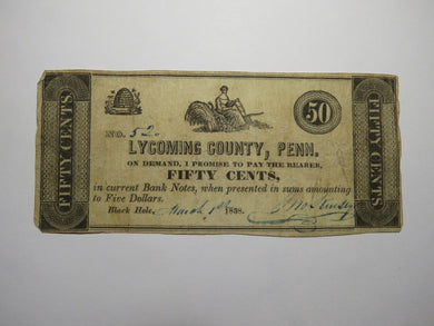 $.50 1838 Black Hole Pennsylvania PA Obsolete Currency Bank Note Lycoming County