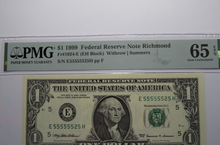 Load image into Gallery viewer, $1 1999 Near Solid Serial Number Federal Reserve Bank Note Bill UNC65 #55555525