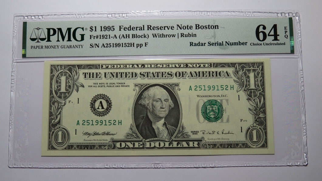 $1 1995 Radar Serial Number Federal Reserve Currency Bank Note Bill PMG UNC64EPQ
