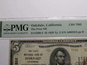 $5 1929 Oakdale California National Currency Bank Note Bill Ch. #7502 VF20 PMG