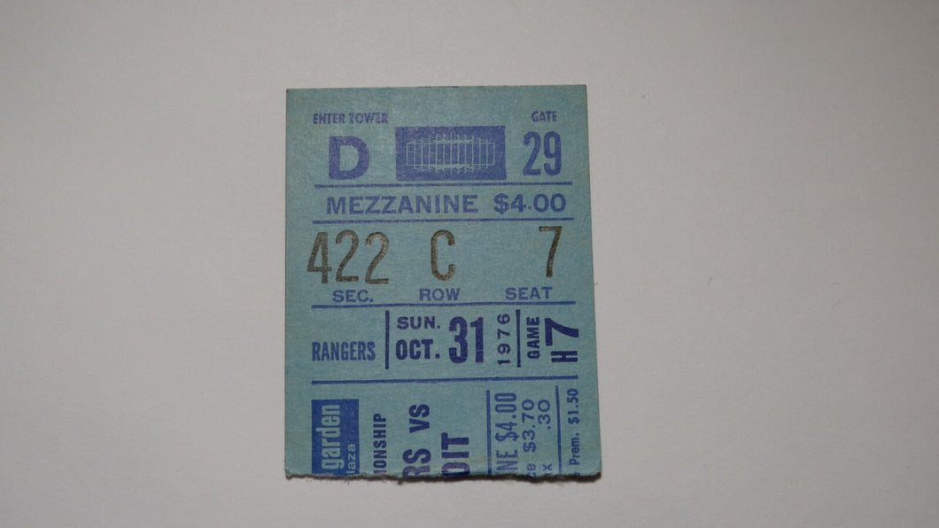 October 31, 1976 New York Rangers Vs. Detroit Red Wings NHL Hockey Ticket Stub
