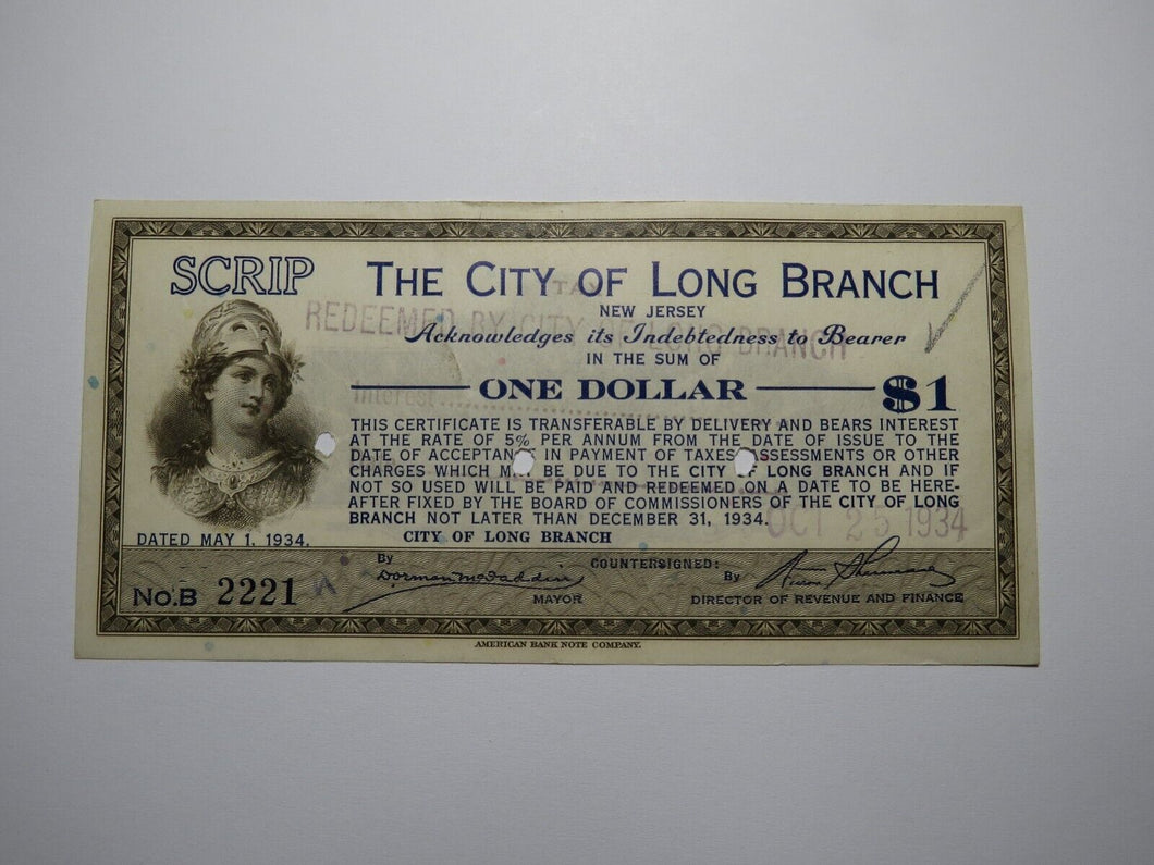 $1 1934 Long Branch New Jersey NJ Obsolete Currency Bank Note Scrip City of LB!