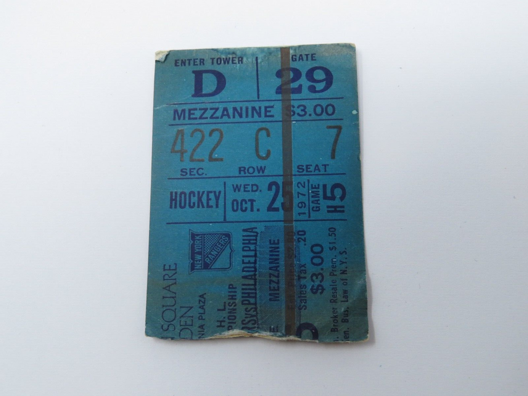 October 25, 1972 New York Rangers Vs. Philadelphia Flyers NHL Hockey Ticket Stub