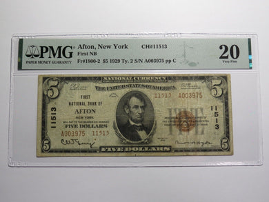 $5 1929 Afton New York NY National Currency Bank Note Bill Ch. #11513 VF20 PMG