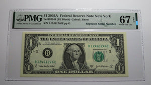 $1 2003 Repeater Serial Number Federal Reserve Currency Bank Note Bill PMG UNC67