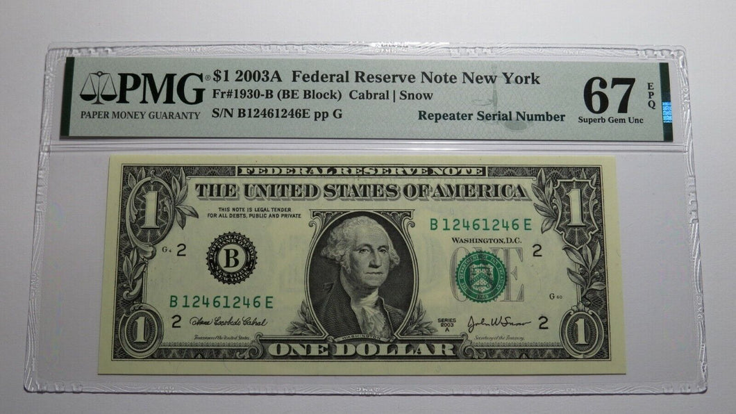 $1 2003 Repeater Serial Number Federal Reserve Currency Bank Note Bill PMG UNC67