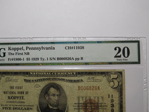 $5 1929 Koppel Pennsylvania National Currency Bank Note Bill Ch. #11938 VF20 PMG