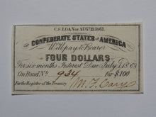 Load image into Gallery viewer, $4 1861 Confederate Bond Coupon Certificate Currency Bank Note Bill UNC