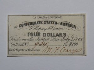 $4 1861 Confederate Bond Coupon Certificate Currency Bank Note Bill UNC