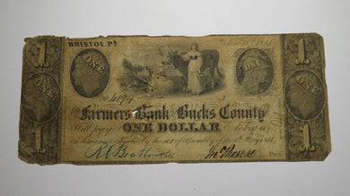 $1 1841 Bristol Pennsylvania PA Obsolete Currency Bank Note Bill Bucks County
