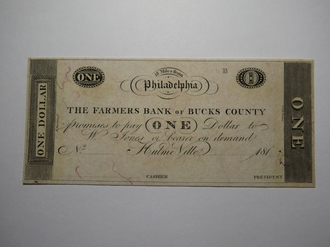 $1 181_ Hulme Ville Pennsylvania Obsolete Currency Bank Note Bucks County UNC++
