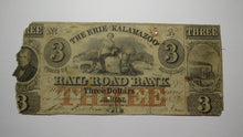 Load image into Gallery viewer, $3 1838 Adrian Michigan MI Obsolete Currency Bank Note Bill Erie &amp; Kalamazoo
