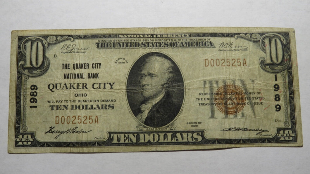 $10 1929 Quaker City Ohio OH National Currency Bank Note Bill Ch. #1989 FINE