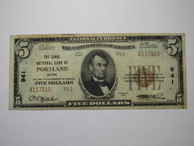 $5 1929 Portland Maine National Currency Bank Note Bill Charter #941 Very Fine