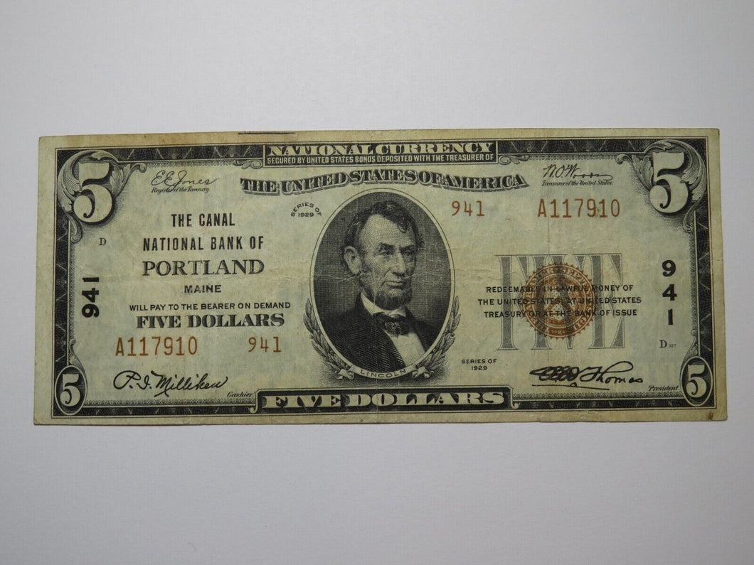$5 1929 Portland Maine National Currency Bank Note Bill Charter #941 Very Fine